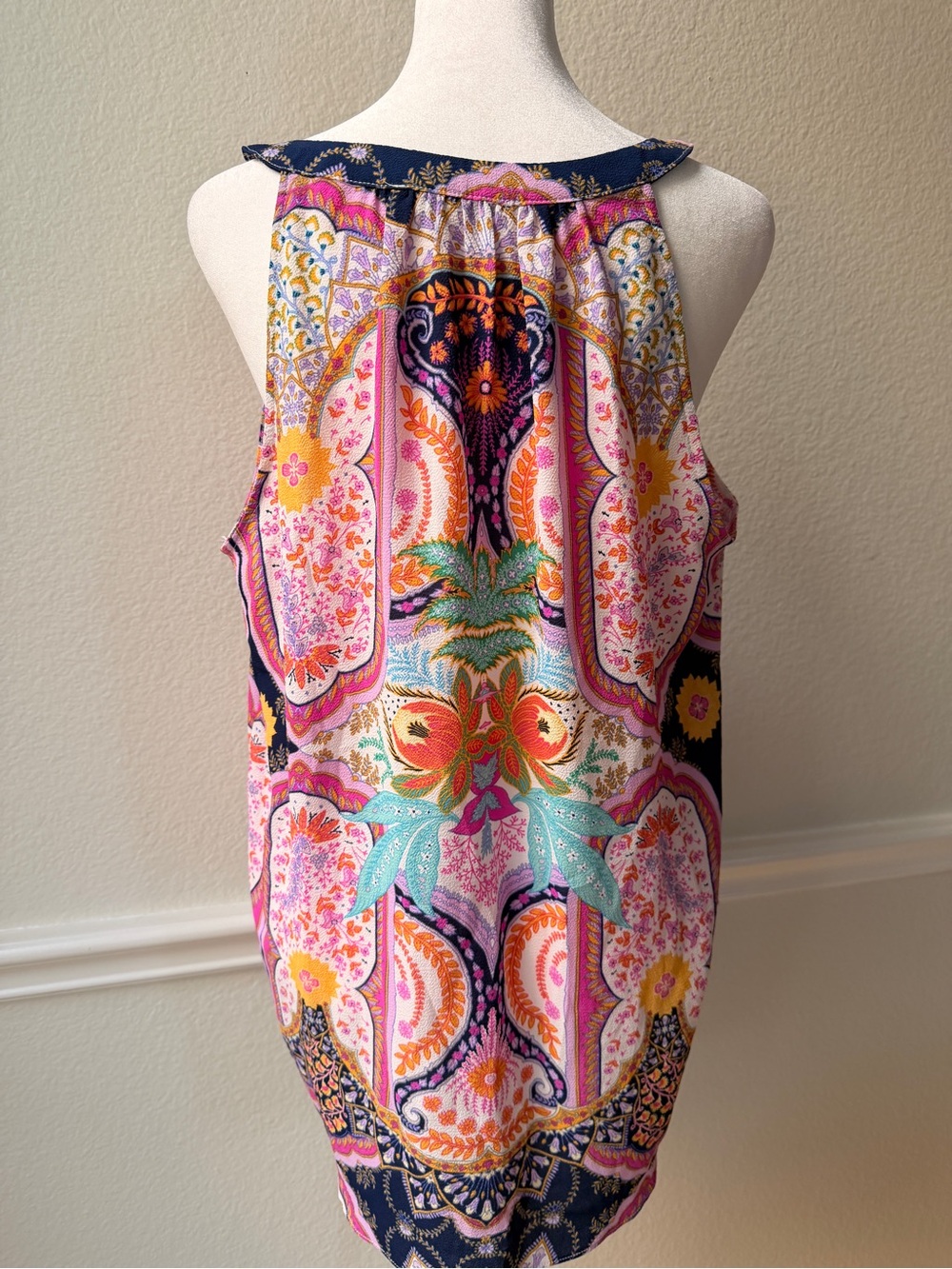 Rose + Olive Boho Paisley Border Print Tassel Tie Tank Top Large Resort Coastal - Picture 4 of 8